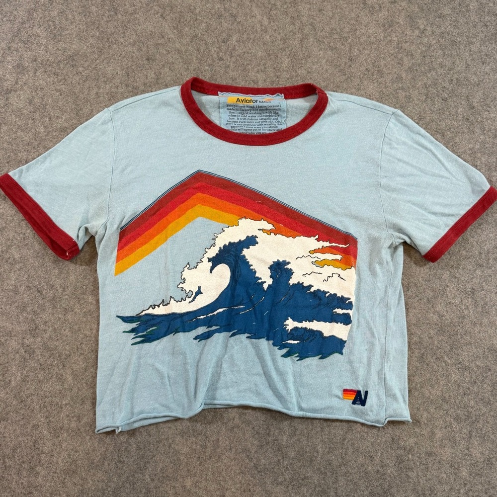 Aviator Nation Blue Ocean Wave Surf Short Sleeve Ringer Tee Women's Size Small